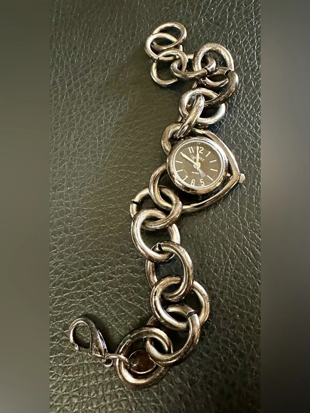 Decree Silver Heart Link Bracelet Watch with Black Dial
